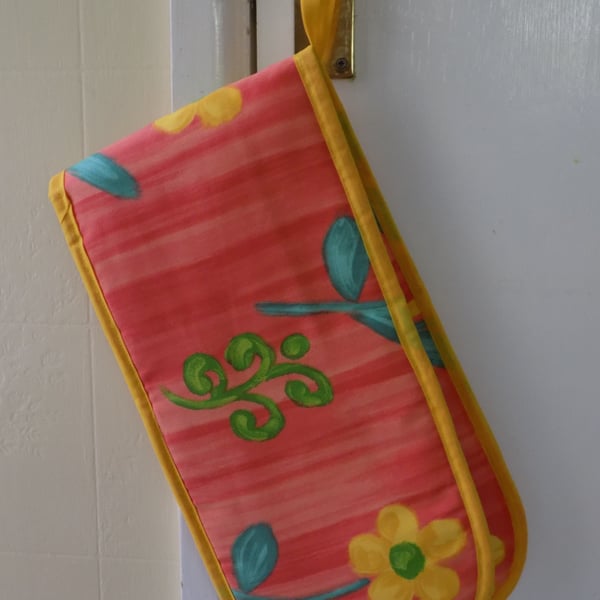 Orange Flower Double Oven Gloves Heat Resistant Mitts Floral Cotton Fabric