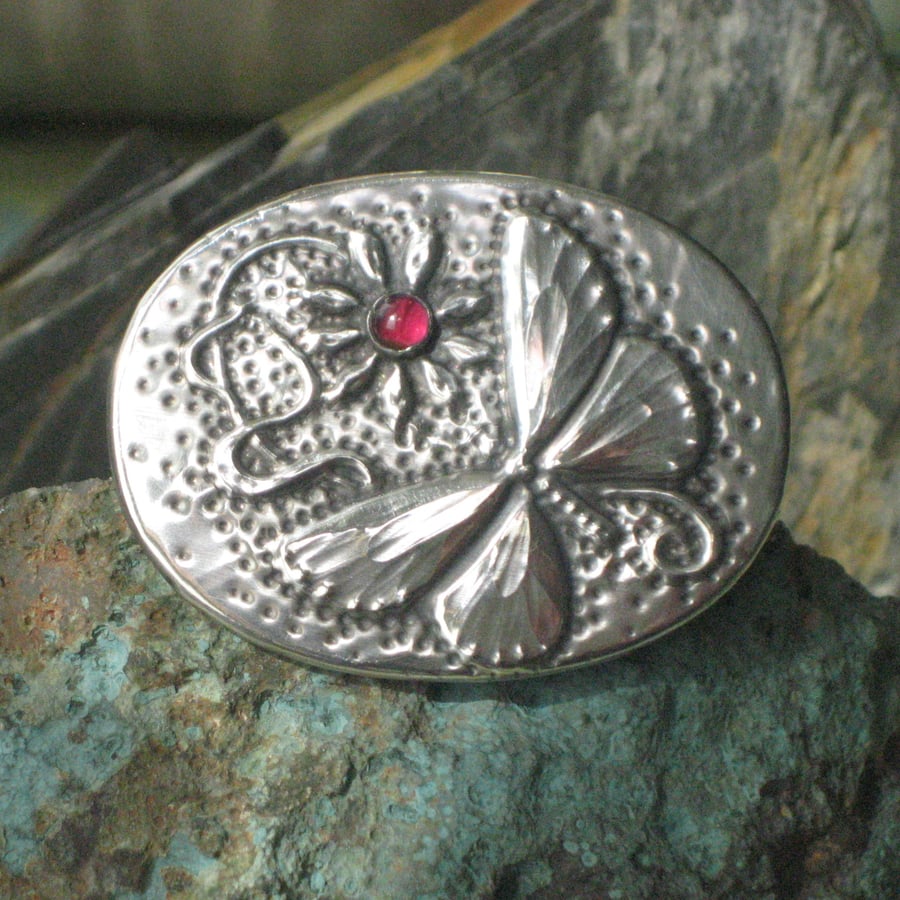 Butterfly Garnet Brooch in Pewter