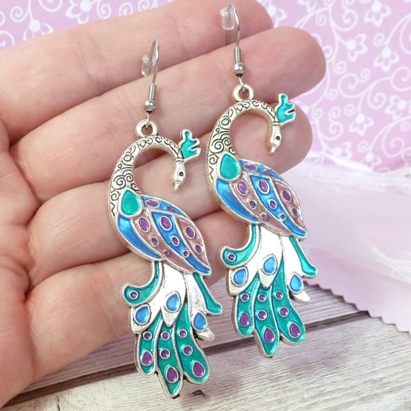 Bright peacock earrings, colourful statement earrings for women