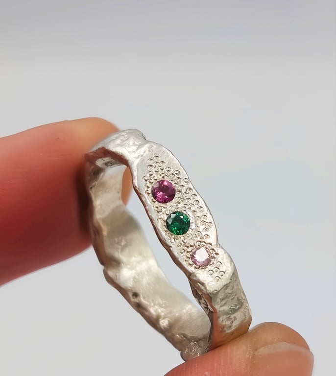Hand-Forged Silver Signet Ring with Green & Pink CZ Gems and Rhodolite Garnet