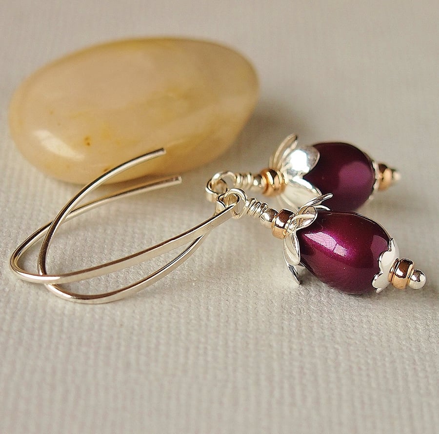 Burgundy Pearl Earrings - Sterling Silver - Gold