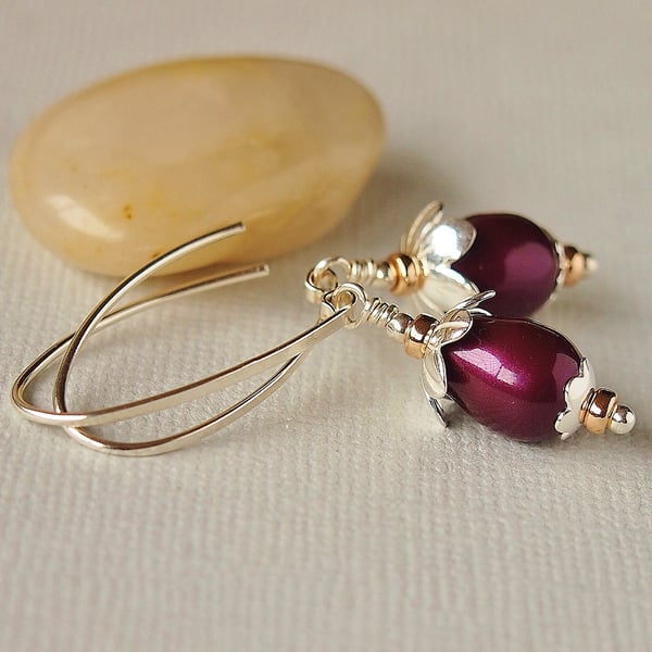 Burgundy Pearl Earrings - Sterling Silver - Gold