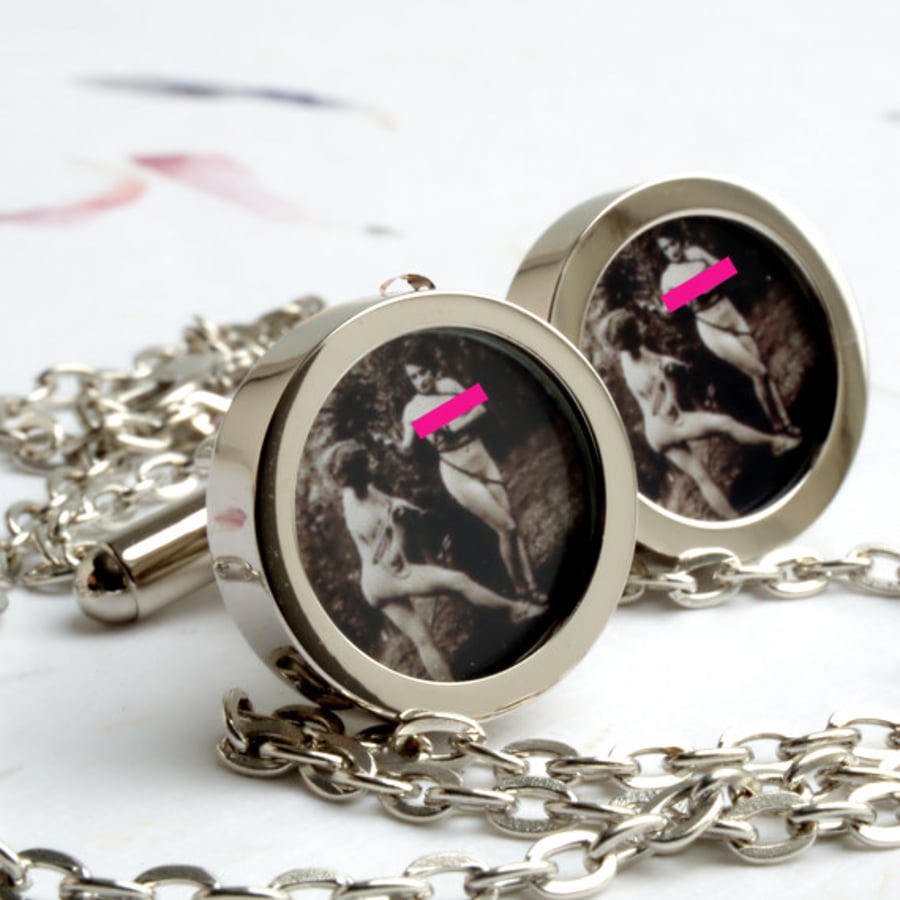  Bondage Cuff Links of Victorian Woman Chained to a Tree, Fine Vintage Fun