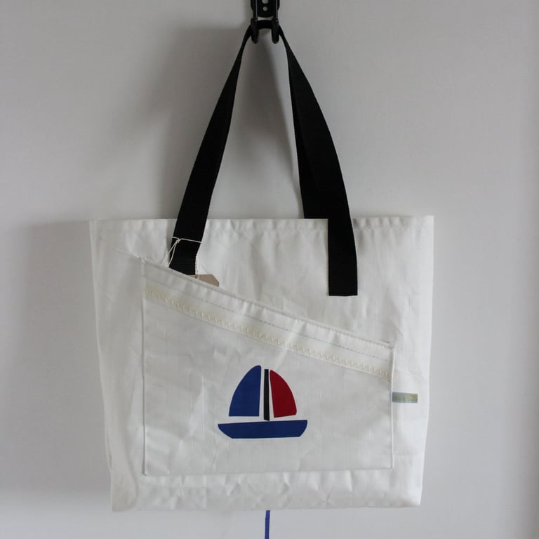 Upcycled Sailcloth Tote Bag with Black Handles - Eco-Friendly Everyday Shopper