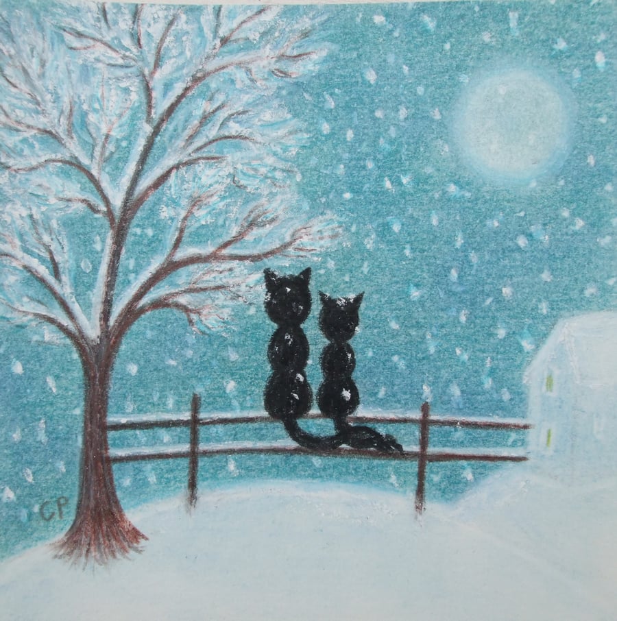 Cat Christmas Card, Children Christmas Card, Cat Snow Card, Black Cats Tree Moon