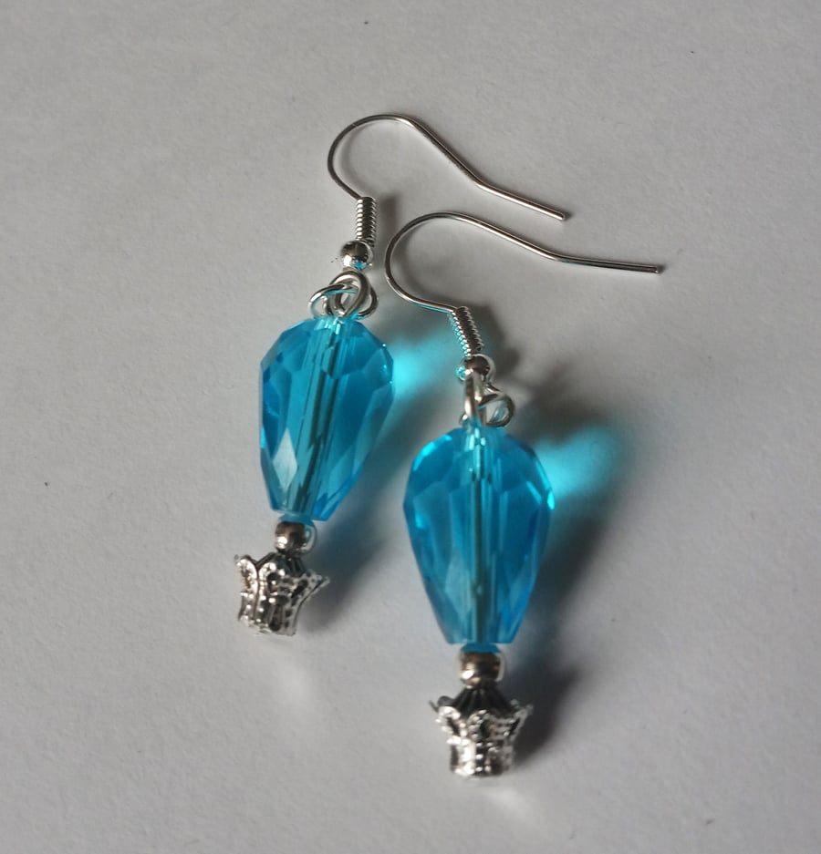 SIlver Plate Turquoise Blue Crystal Hot Air Balloon Drop Dangle Earrings