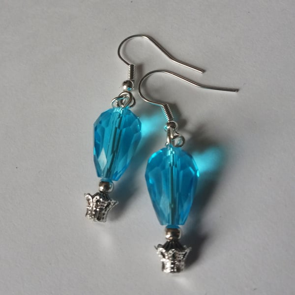 SIlver Plate Turquoise Blue Crystal Hot Air Balloon Drop Dangle Earrings