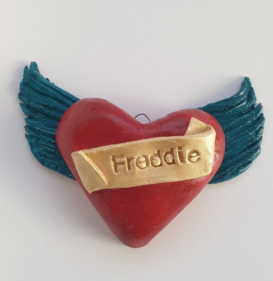 Valentines Clay Heart with wings. Personalised.