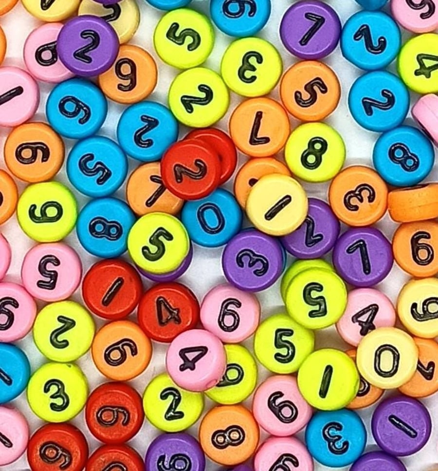 100, 500, 1000pcs 7x4mm Flat Round Solid Multicoloured mixed 0-9 Acrylic Numbers