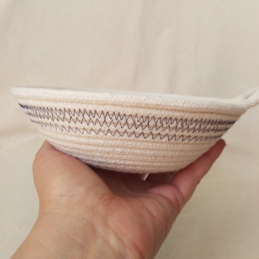 Afton Bowl, a coiled rope bowl with navy blue stitched detail