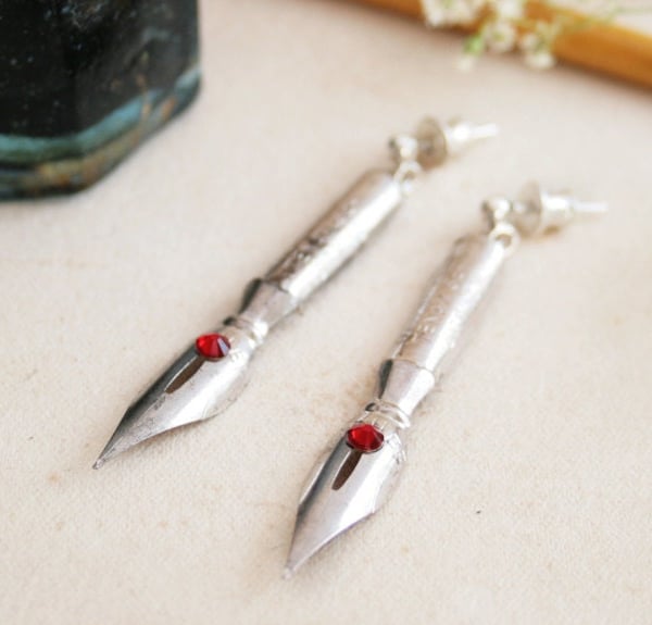 Earrings for Authors with Ruby and Antique Pen Nibs, Romantic Academia 