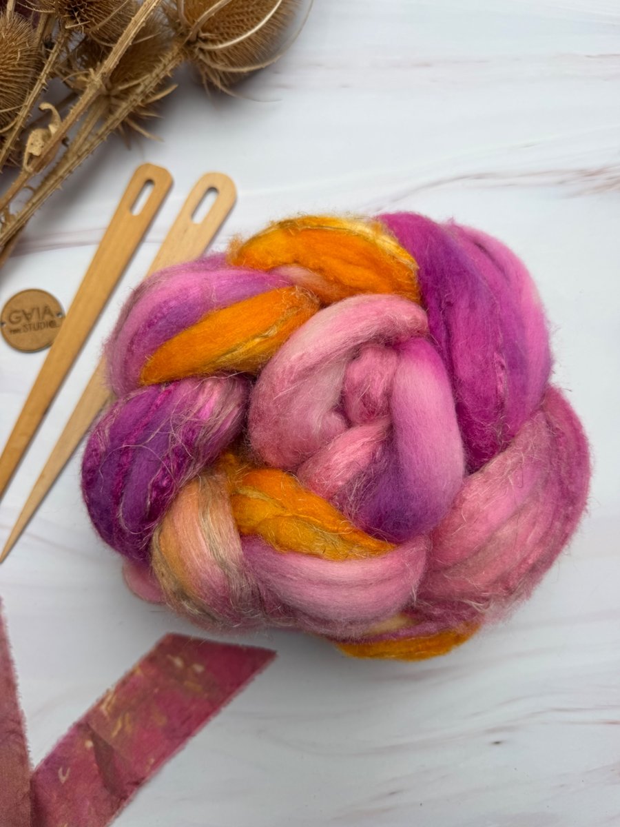 Hand Dyed Wool Top Roving, Merino Flax Silk blend for Spinning and Felting No32