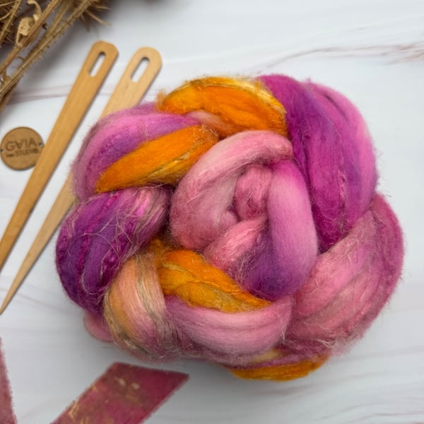 Hand Dyed Wool Top Roving, Merino Flax Silk blend for Spinning and Felting