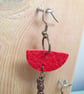 Red Leather Boho Style Dangle Drop Earrings Copper Colour Beads - Image 3