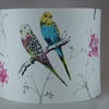 Handmade drum lampshade 25cm covered in 'Chirpy' budgerigar bird cotton fabric