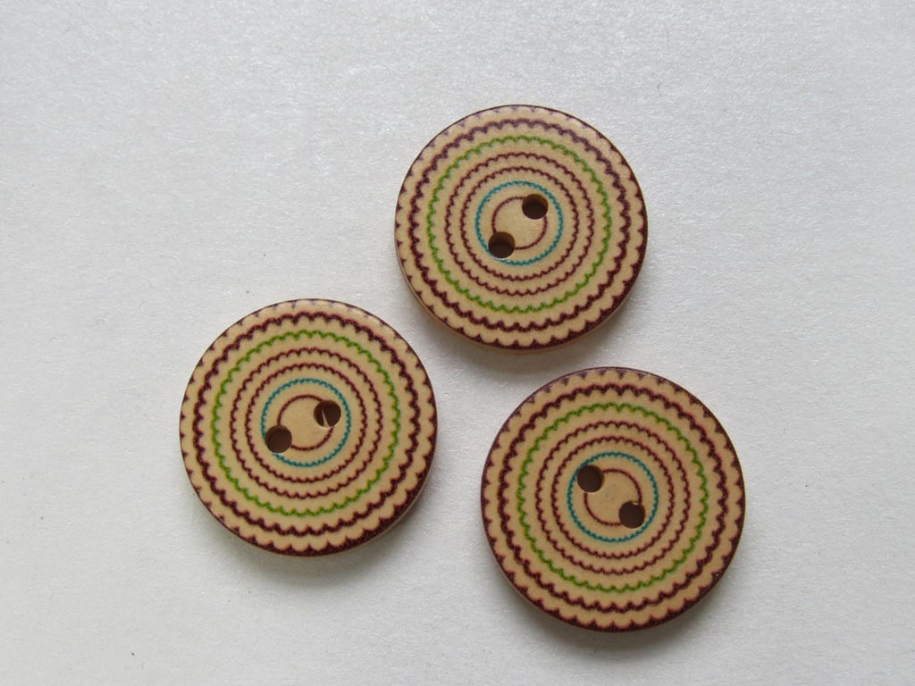 3 Medium Large Painted Circles Wooden Craft Buttons