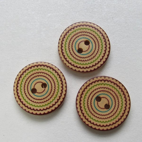 3 Medium Large Painted Circles Wooden Craft Buttons