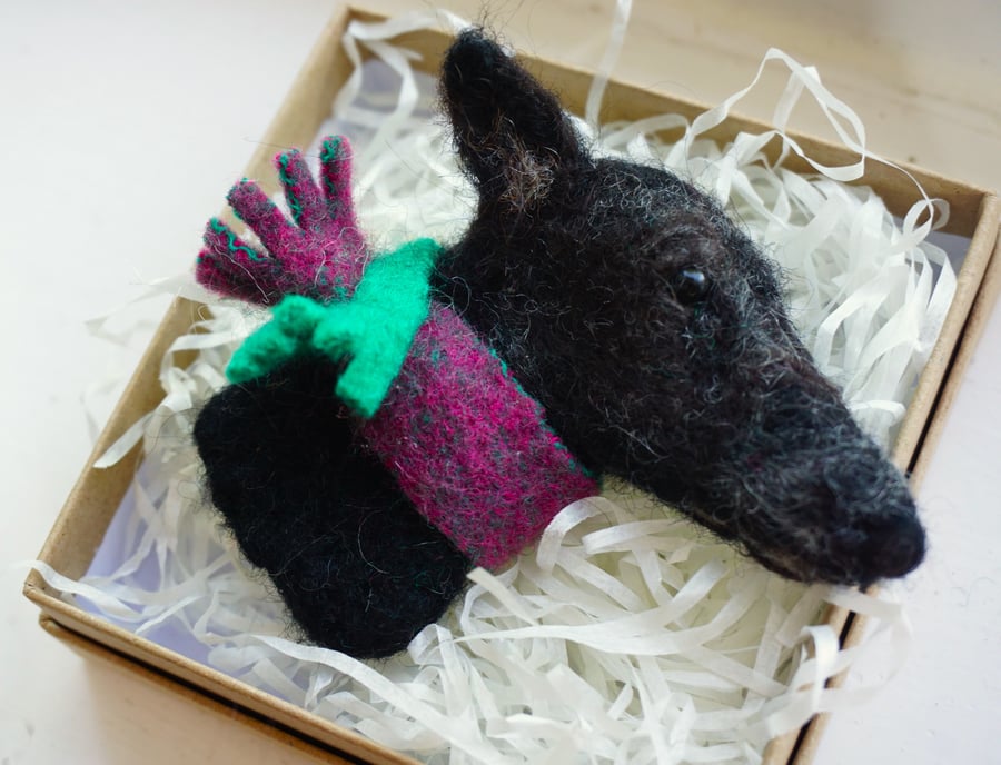Needle Felted Greyhound Brooch