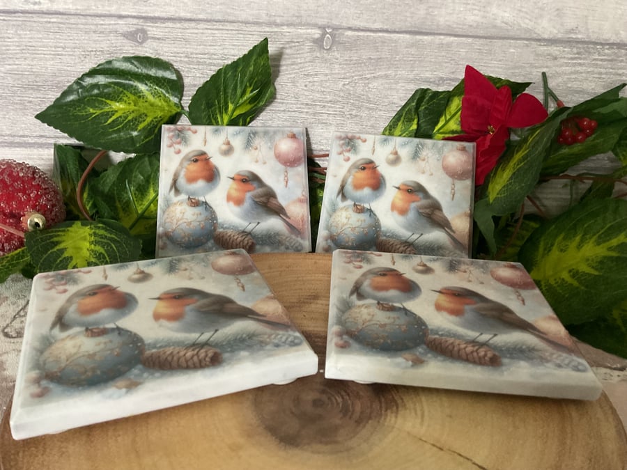 Set of 4 Marble Coasters. Xmas Robin.