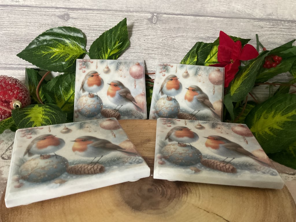 Set of 4 Marble Coasters. Xmas Robin.