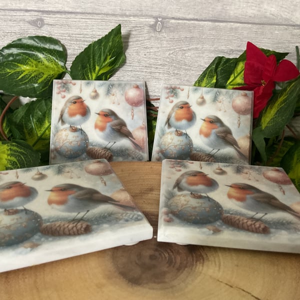 Set of 4 Marble Coasters. Xmas Robin.