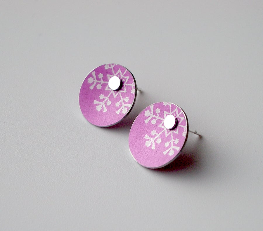 Snowflake Christmas winter earrings studs in pink and silver