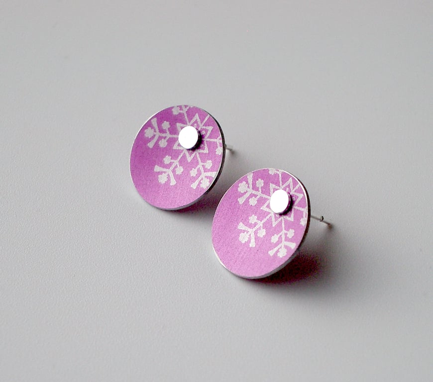 Snowflake Christmas winter earrings studs in pink and silver