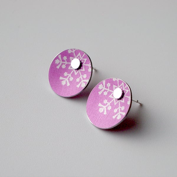 Snowflake Christmas winter earrings studs in pink and silver