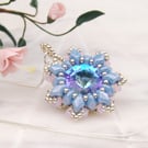 Flower pendant in blue pink and silver, Handmade beaded pendant