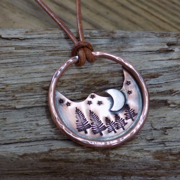 Copper and silver alpine forest pendant necklace
