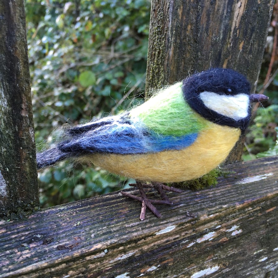 Needle felted model bird, Great Tit, british garden birds