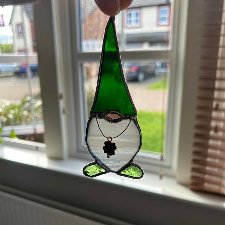 Perfectly Imperfect St Patricks Day cute green gnome in stained glass