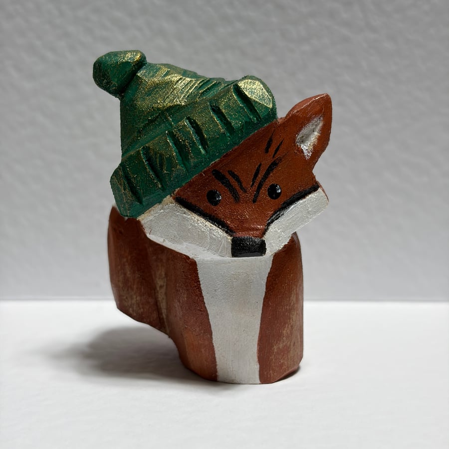 Mini Hand Carved Wooden Fox Sculpture – One of a Kind Folk Art Figure
