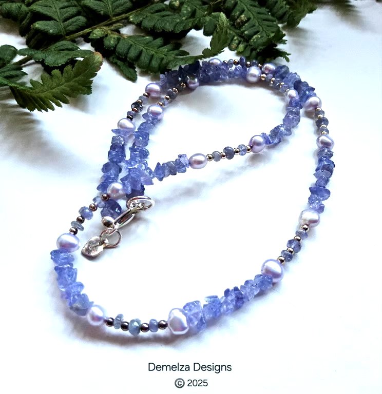 Designer AA Gade Tanzanite Nugget, Freshwater Pearl Sterling Silver Necklace