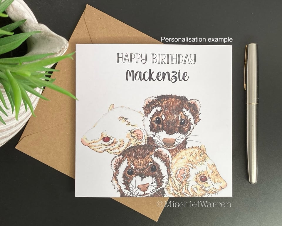 Ferrets Card. Personalised or blank art card with albino and polecat ferrets