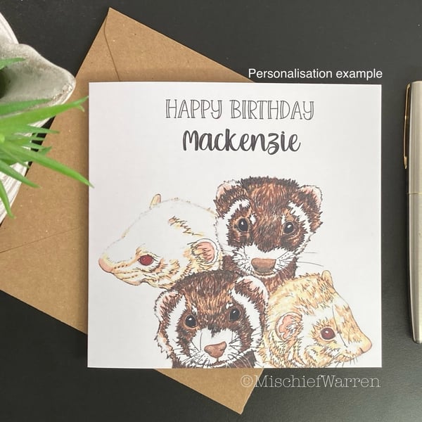 Ferrets Card. Personalised or blank art card with albino and polecat ferrets