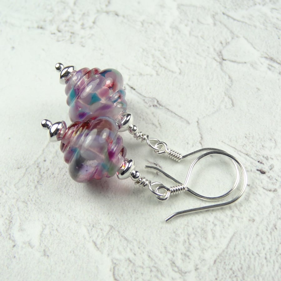 Pink and blue lampwork glass drop earrings, sterling silver, handcrafted (LH7)