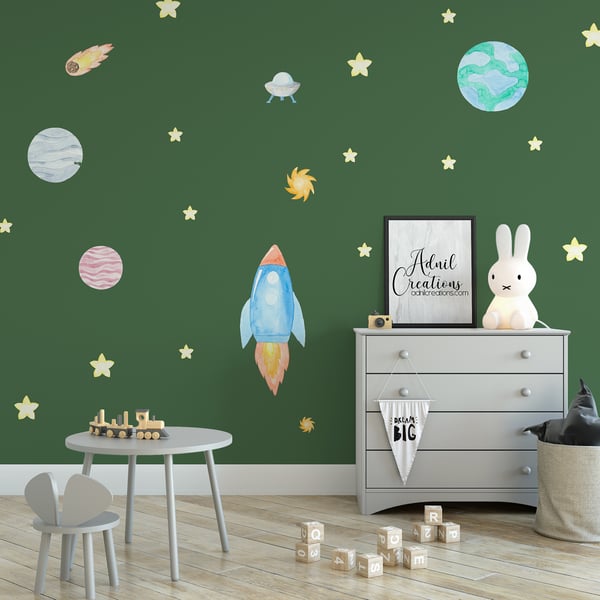 Space-themed fabric wall stickers. Featuring planets and stars in watercolour