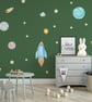 Space-themed fabric wall stickers. Featuring planets and stars in watercolour