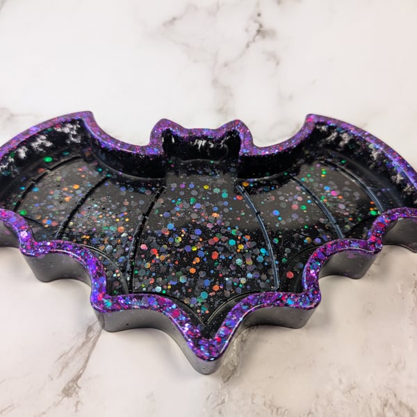 Resin Bat Tray – Black Glitter with Purple Rim