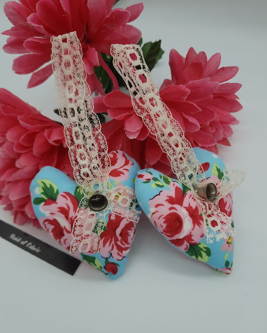 Heart hanger pair in blue floral, cream lace and silver bells