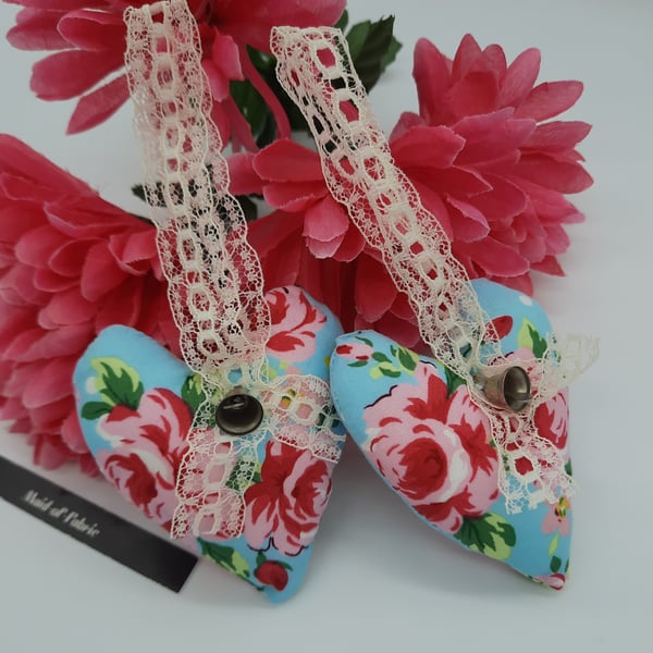 Heart hanger pair in blue floral, cream lace and silver bells