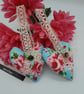 Heart hanger pair in blue floral, cream lace and silver bells - Image 1