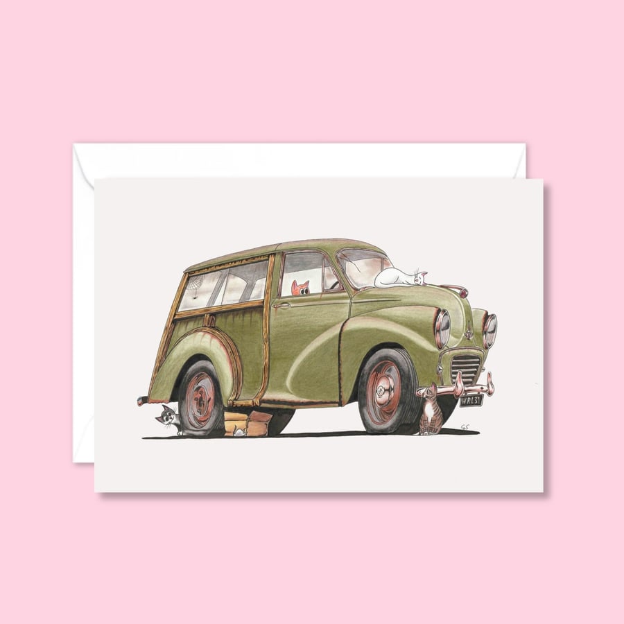 Moggies Greetings Card: Classic Morris Traveller and Cute Cats (324)