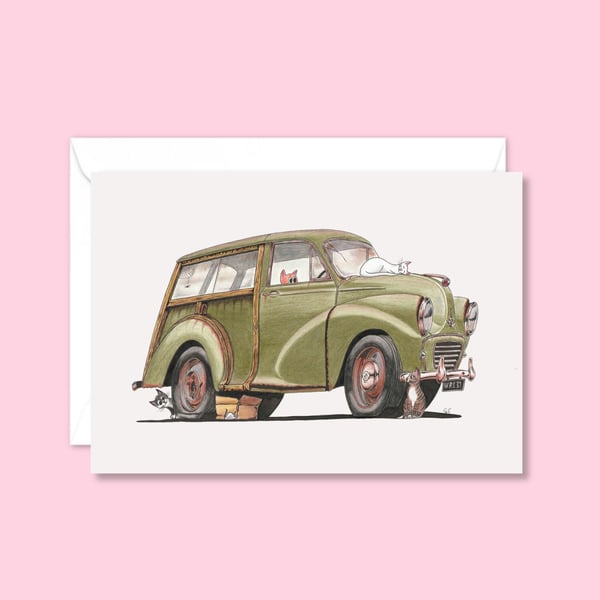 Moggies Greetings Card: Classic Morris Traveller and Cute Cats (324)