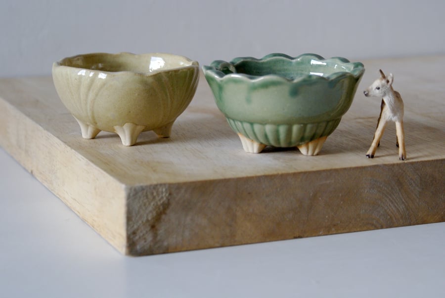 Set of two small trinket bowls - handmade stoneware pottery in green and yellow