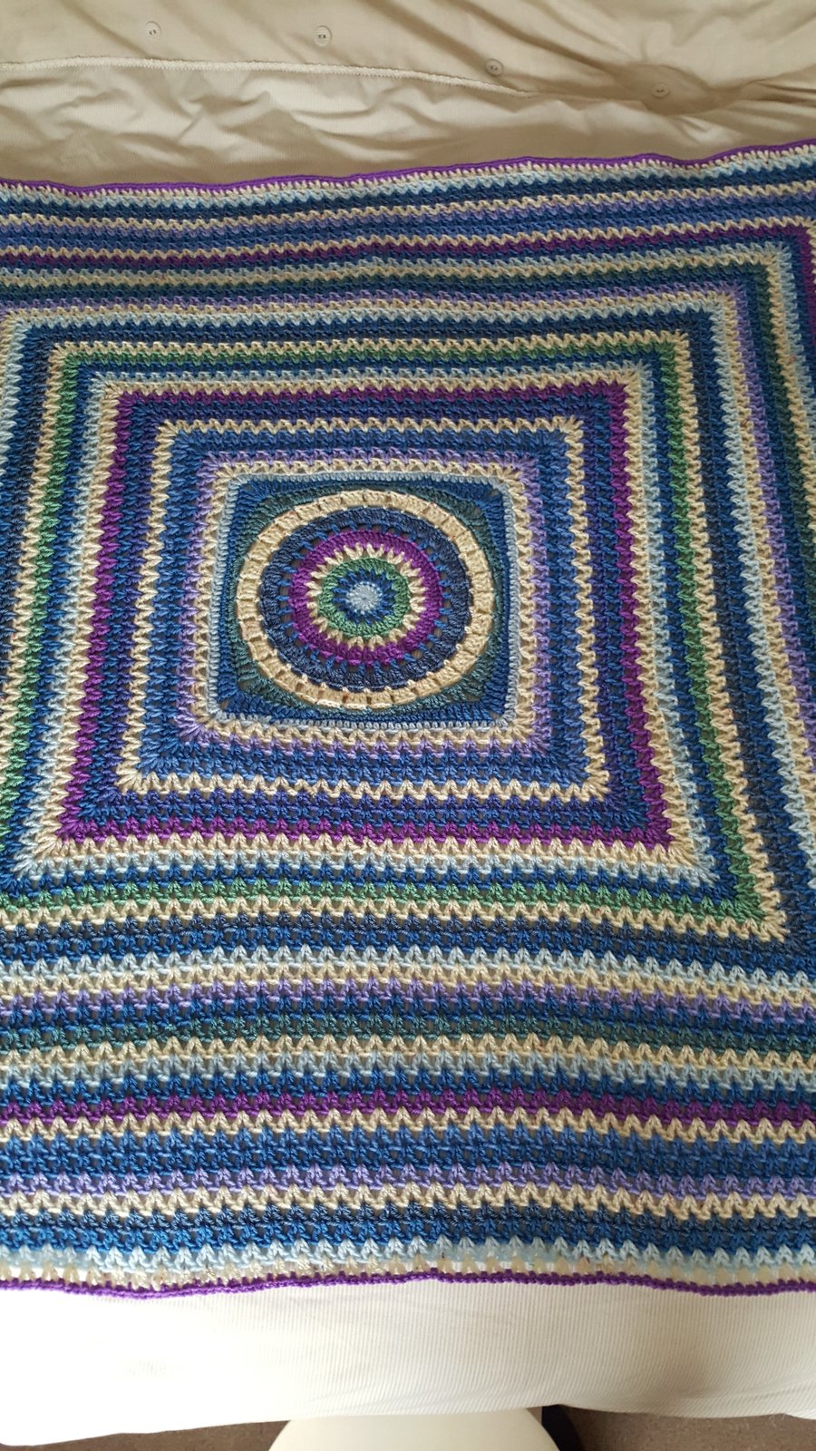 blue, lilac and cream crocheted square blanket throw, 50 inches