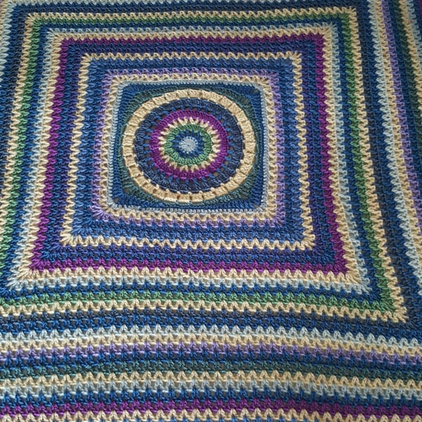 blue, lilac and cream crocheted square blanket throw, 50 inches