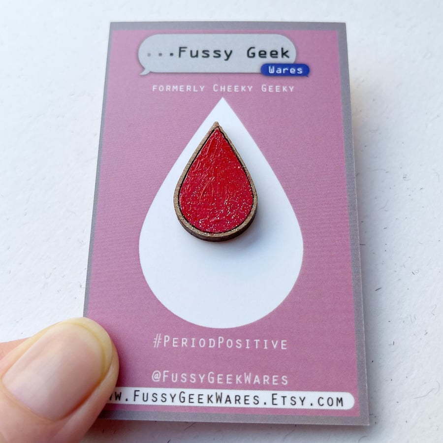 Blood drop pin, wooden handpainted pin