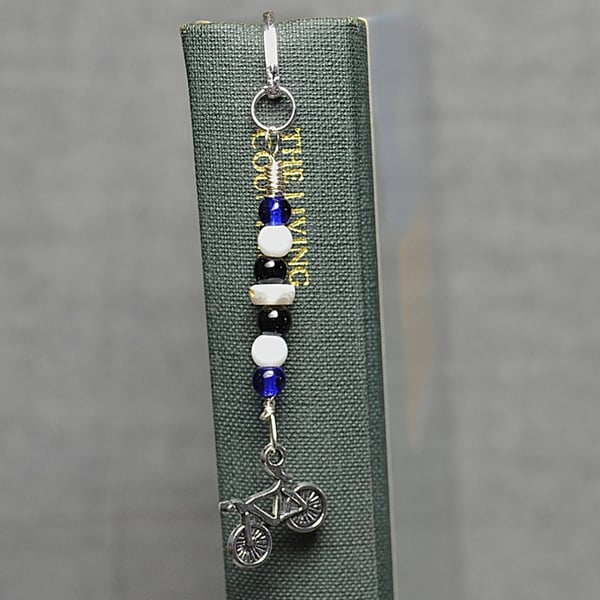 Patterned Metal Bookmark with Glass and Shell Beads and Bicycle Charm
